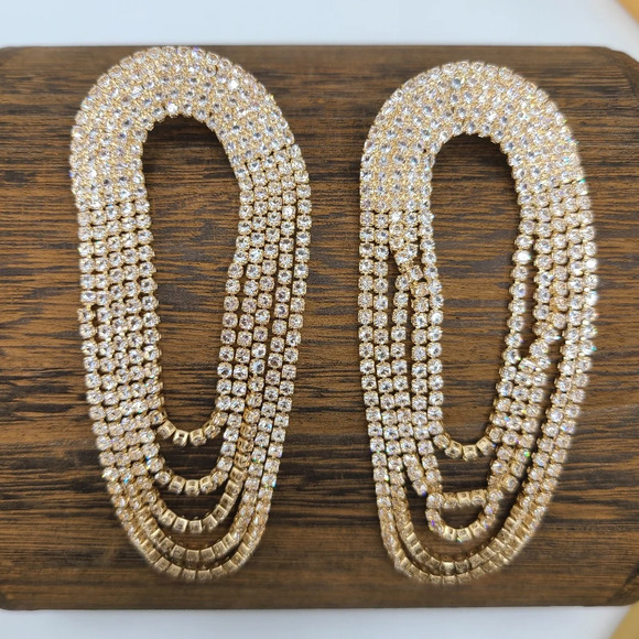 Goldtone Rhinestone Earrings / Modern Does 70s - Picture 2 of 3